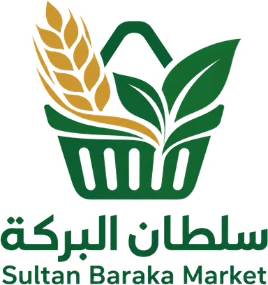 شعار سلة تسوق بأوراق خضراء وسنبلة ذهبية